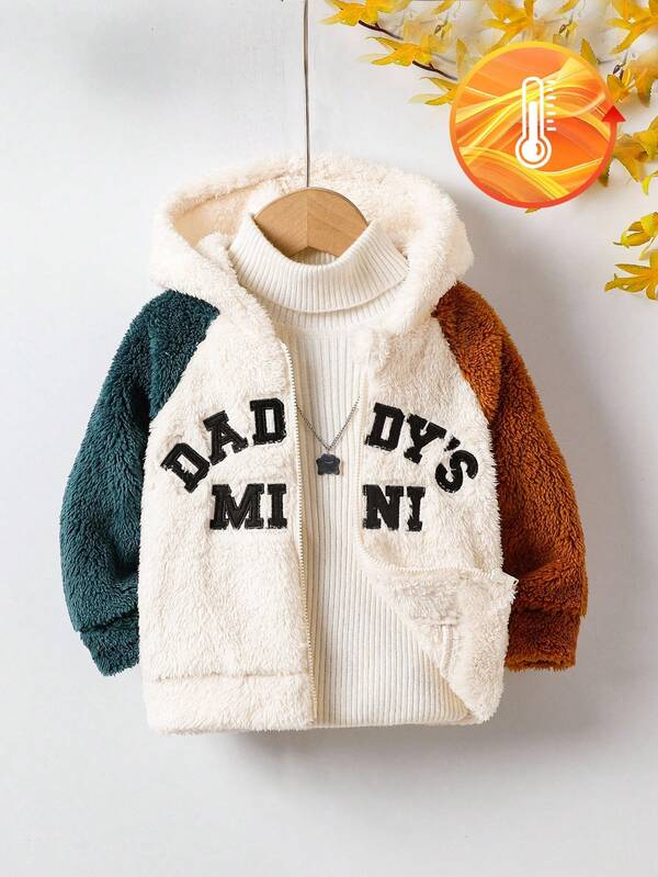 Infant/Toddler Boys' Plush Patchwork "DADDY'S MINI" Embroidered Letter Zip-Up Hoodie Jacket, Suitable For Daily Wear, Outings, Travel Baby Boy Winter Jacket Baby Boy Fleece Jacket Baby Boy Hooded Jacket Baby Boy Fall Jacket Baby Boy Teddy Jacket