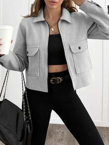 EURMUSE 1 Áo khoác nữ tay dài màu xám có khóa kéo, túi thường ngày, kiểu dáng áo khoác ngoài thanh lịch - Xám - Xem 5