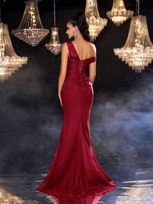 Glamrae 简约红色褶饰透明下摆正式晚礼服 - 紅色 - 查看 2