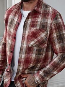 Manfinity Homme 男士休闲日常格子大衣，秋冬 - 紅色 - 查看 1