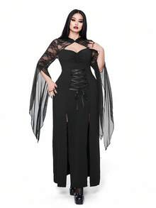 SHEIN Whyspr 休閒龐克大尺碼深色哥德風蕾絲拼接透視長袖洋裝 秋季 - 黑色 - 查看 5