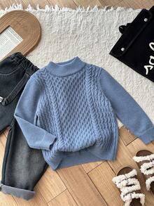 SHEIN 男童高领纹理提花复古麻花针织高领毛衣，百搭学院风，拉绒厚实面料，适合冬季 - 霧霾藍 - 查看 8