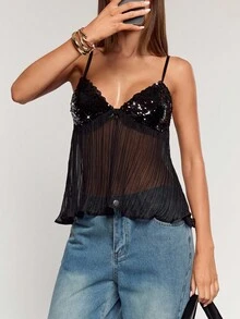 SHEIN BAE Women's Fashionable Sexy Sequin Contrast Mesh Camisole  ,Autumn Women's Clothing, Winter Women's Clothing, Christmas, Halloween, Thanksgiving,Bling Top, Sequin Top,Elegant,Black Tops ,Disco,Valentine's Day,Valentine Outfits For Women - Black - View 5