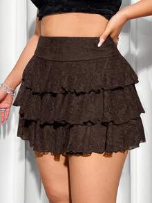 SHEIN ICON Váy midi ren cạp cao màu trơn cỡ lớn, thường ngày, mùa hè - màu nâu - Xem 5