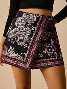 Travachic 加大码波西米亚风休闲度假花卉印花深色秋季女式短裤裙裤，带系带装饰荷叶边下摆 - 彩色 - 查看 1