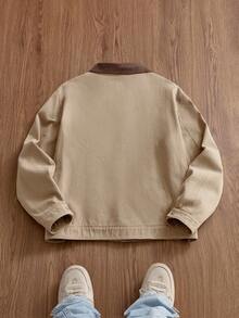 Manfinity Unisex 男士休闲通勤撞色领拉链长袖夹克，春秋季，适合秋冬季节，情侣款 - 卡其色 - 查看 4