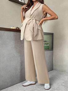 SHEIN 孕妇纯色束带背心西装外套和阔腿裤两件套两件套裤套装孕妇装孕妇两件套孕妇装两件套米色两件套 - 杏色 - 查看 3