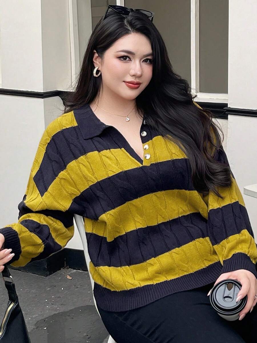 Dazy Plus Contrast Color Block Striped Collar Half-Open Front Knitted ...