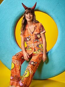 Chillnights X LOONEY TUNES 女士可爱卡通图案短袖翻领衬衫和宽松裤子睡衣套装，夏季 - 彩色 - 查看 7