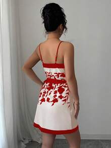 Elenzga Váy ngắn in họa tiết cổ chữ V quyến rũ và thanh lịch dành cho nữ - Đỏ - Xem 2