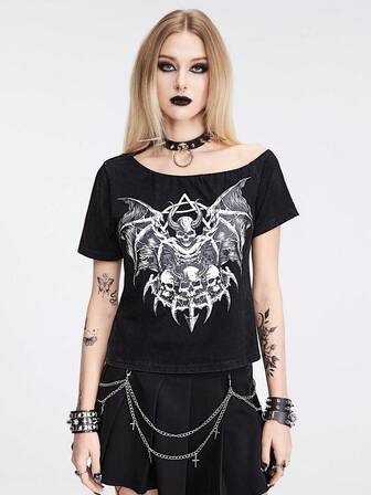 Berkahserawung Verblasstes, abgenutztes T-Shirt mit Monster Schädel Aufdruck