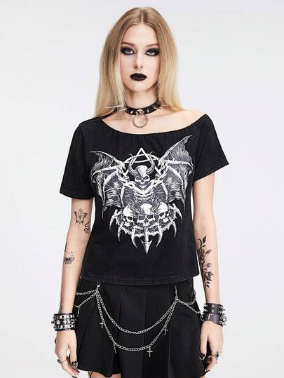 Berkahserawung Distressed Water-Washed T-Shirt With Monster Skull Print