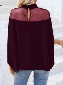 EMERY ROSE Áo cánh rộng hở vai lưới cổ đứng - Màu Đỏ Sâu - Xem 2