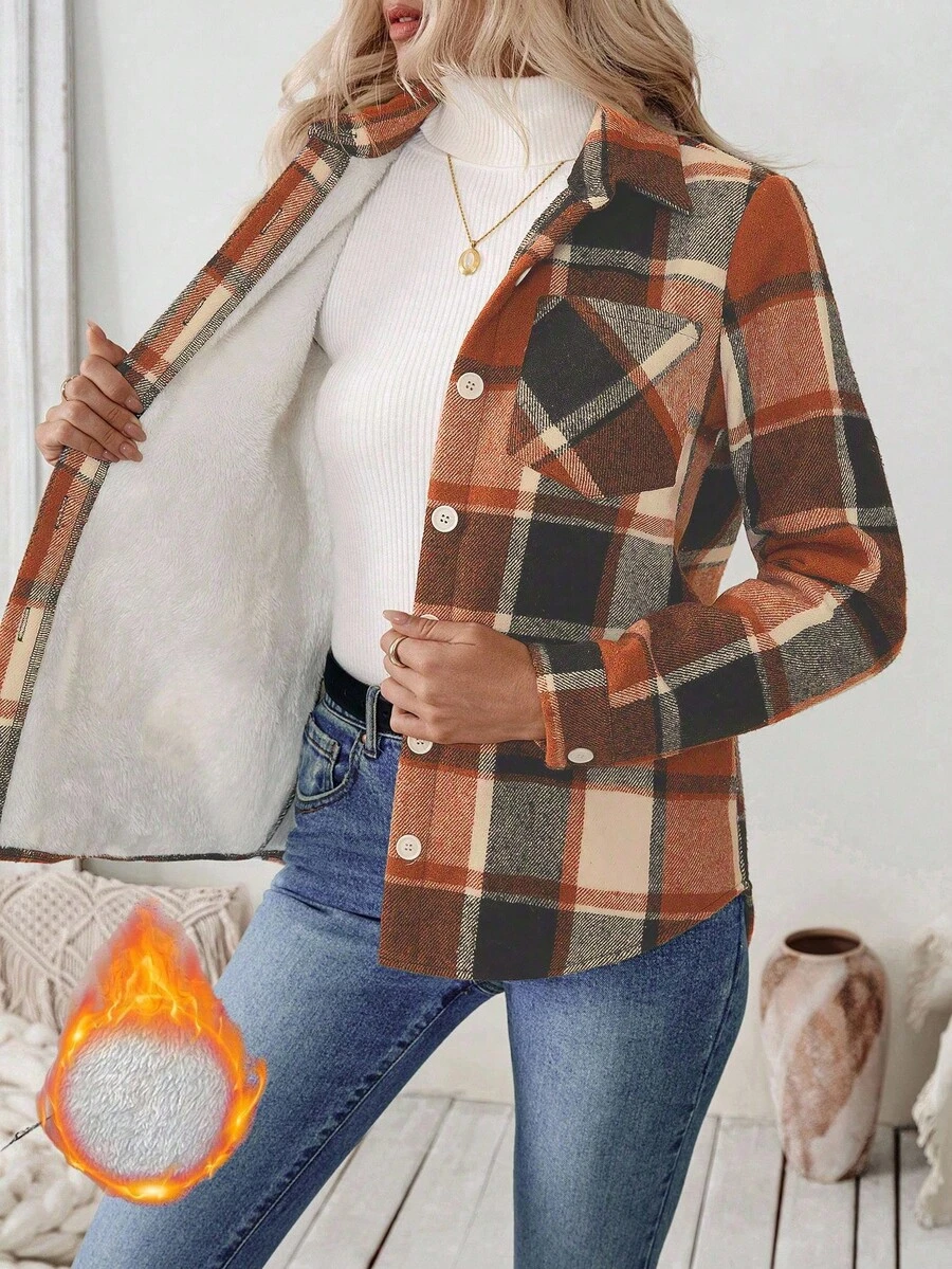 EMERY ROSE Chaqueta casual de mujer con botones, estampado de cuadros y bolsillo, manga larga - Camisa casual diaria para mujer - Naranja - Ver 1