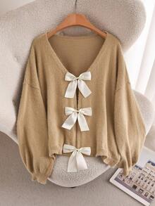 CosyJoli Áo len dài tay trễ vai dáng rộng, thắt nơ sau lưng cỡ lớn dành cho nữ, mùa thu - Màu be - Xem 3