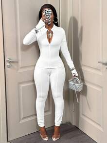 BamGleam 2pcs/Set Casual Solid Color Slim Fit Long Sleeve Top And Pants