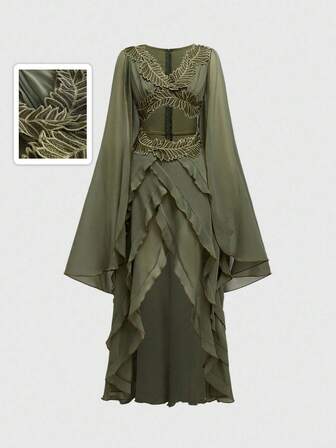 Fairycore Women's Retro Music Festival Fairy Embroidered Cape Dress