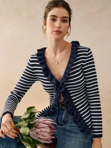 Cévolie 女士秋季系带条纹荷叶边开衫 - 彩色 - 查看 6