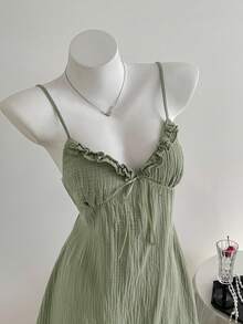 Comfortcana 女式夏季休闲绿色细肩带迷你连衣裙 - 綠色 - 查看 3