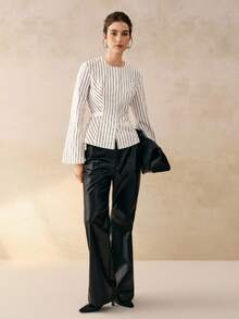 Cévolie 女式复古法式条纹圆领收腰长袖衬衫，秋冬