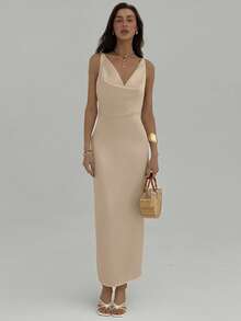 Aloruh 女式纯色无袖露背垂坠领优雅连衣裙 - 卡其色 - 查看 4