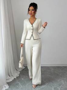 Elenzga Conjunto de dos piezas de blazer de punto con cuello en V elegante, decoración de botones y mangas largas, con ribete de contraste, adecuado para ir a la oficina, fiestas, eventos festivos como Navidad, Halloween, uso casual y elegante en la oficina, citas