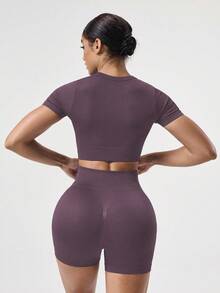 Easithlete 2pcs Set + Regular Fit + Moisture Wicking Fabric/Ribbed + Crew Neck/Basic/Navy Blue + Activewear Set + Seamless/Fitness/Yoga Yoga Shorts Set Seamless Workout Set Bike Shorts Set