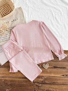 SHEIN Set de 2 bucăți pentru fete, casual, culoare solidă, contrastant, bluză cu mânecă lungă și pantaloni, pijamale pentru casă - Roz - Vizualizare 2