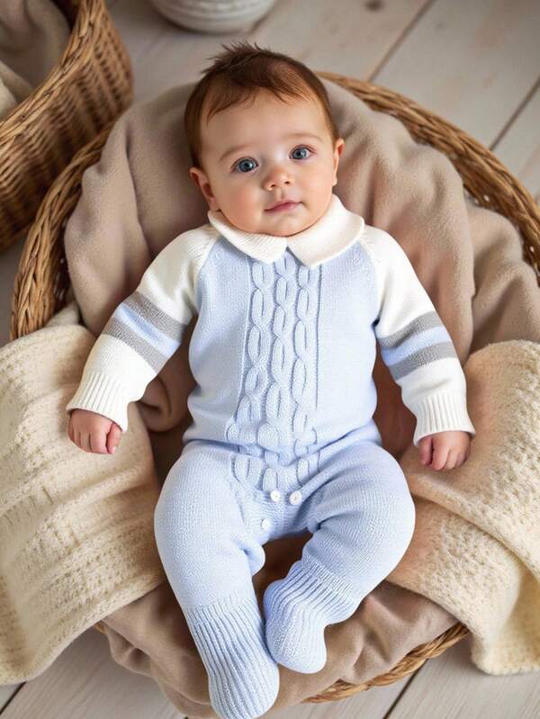 SHEIN Newborn Baby Boy Casual Simple Cute Blue Collar Raglan Sleeve Knit Footed Romper, Soft & Comfortable, Suitable For Daily, Outings, Travel, Vacation, Home, Daycare, Autumn/Winter, Christmas, Back To School, Party, All-Match Fall