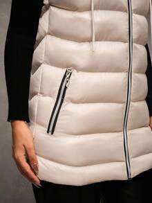 RueChic Women Solid Color Zippered Collar Hooded Vest, Winter Jacket - Apricot - View 5