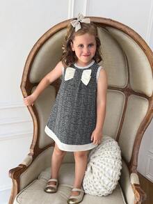 PrepCrw 1 pièce Robe décontractée élégante de style scolaire pour jeunes filles, style urbain, avec décorations de franges et nœuds blancs et noirs, sans manches. Convient pour les sorties, les rassemblements, la rentrée scolaire, l'automne/hiver - Noir et Blanc - Voir 5