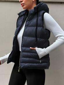 EURMUSE Zip Up Drawstring Hooded Puffer Vest Coat - Navy Blue - View 5