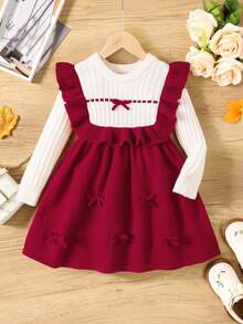 Elladie kids 1 件女童毛衣裙，甜美公主风格，红白色块罗纹纹理，蝴蝶结装饰，荷叶边下摆，罗纹针织，圆领长袖，欧式设计连衣裙，常规厚度，适合生日派对，秋冬
