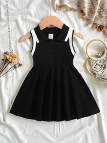 SHEIN Baby Girl Striped Sleeveless Dress With Ruffled Collar For Summer - Black - View 1