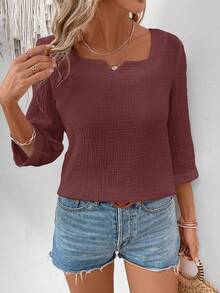 EMERY ROSE Áo cánh đơn giản màu trơn cổ vuông tay 3/4 dành cho nữ - Màu nâu Sô-cô-la - Xem 5