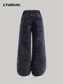 SHEIN Explorewe Jeans de pierna ancha y recta sueltos y casuales para niñas preadolescentes - Negro - Ver 2