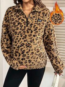 SHEIN Maternity Autumn And Winter Pregnant Women's Letter & Leopard Print Fleece Half-Zip Casual Sweatshirt, Autumn/Winter Leopard Print - Brown - View 6