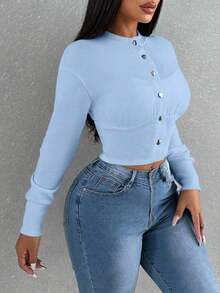 Zolique Áo khoác thường ngày tay dài trễ vai màu trơn, cài khuy đơn dành cho nữ, mùa thu - Màu xanh nhạt - Xem 3