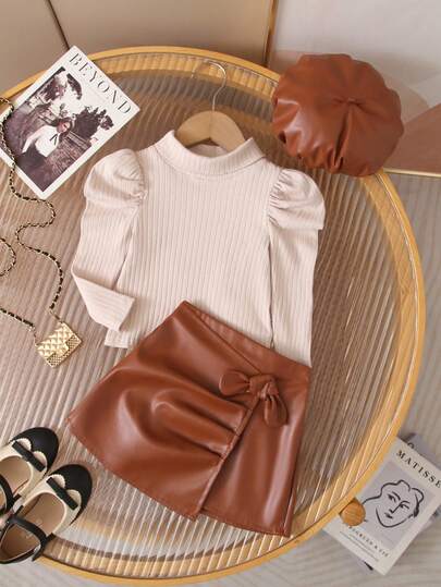 SHEIN Babygirl Cute Solid Color Long Sleeve Top And Elastic Waist Skirt Set Brown Baby Girl Clothes 2 Piece Baby Girl Set Baby Girl Outfit Toddler Girl Faux Leather Skirt Outfit Mocha Baby Outfit Fall Winter