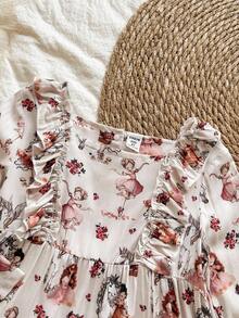 Vintaside Kids Young Girls' Floral Print Ruffle Hem Long Sleeve Dress, Suitable For Casual, School, Park, Outdoor Photography, Vacation Fall Winter - Multicolor - View 4