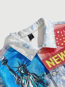 ROMWE MEN Street Life Men's Autumn Letter & Architecture Pattern Long Sleeve Single-Breasted Casual Denim Jacket - Multicolor - View 3