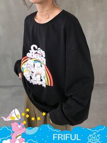 FRIFUL SHEIN X Care Bears 女式宽松休闲街头风格字母与卡通图案圆领套头 T 恤长袖上衣 - 黑色 - 查看 4