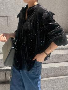 FRIFUL 女士荷叶边领天鹅绒水钻装饰休闲宽松衬衫，秋季可爱长袖亮片上衣 - 黑色 - 查看 2