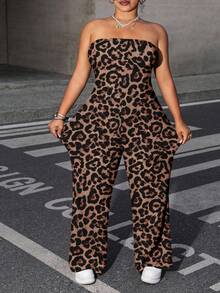 Dripcurv Mono de punto con estampado de leopardo para mujer de talla grande, cómodo y casual para el verano - Marrón - Ver 3