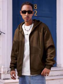 Manfinity Dauomo 男士纯色休闲日常百搭长袖连帽运动衫，秋季 - 棕色 - 查看 7