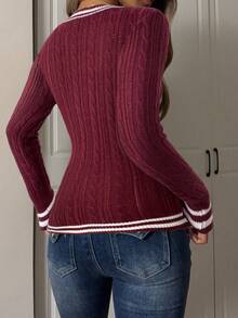 SHEIN EZwear 女士休闲撞色条纹修身毛衣，秋季 - 酒紅色 - 查看 2