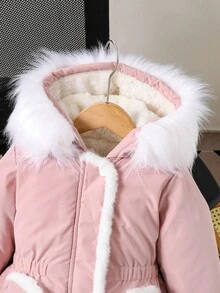女童冬季休闲连帽保暖加厚羽绒服 - 粉色 - 查看 3