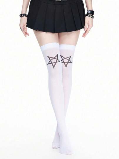 Grunge Punk زوج من جوارب فوق الركبة للنجم الصخري الداكن
