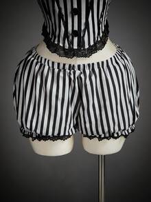 SHEIN ICON 2 件万圣节角色扮演哥特式紧身胸衣黑白服装条纹紧身胸衣上衣和低腰灯笼裤短裤 - 彩色 - 查看 5