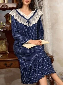 French Polka Dot Lace Contrast Ruffle Trim Women's Nightgown, Fall - Multicolor - View 4